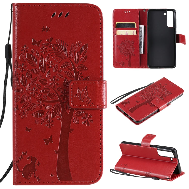 Tree & Cat Pattern Pressed Printing Horizontal Flip PU Leather Case with Holder & Card Slots & Wallet & Lanyard, For Samsung Galaxy A32 4G, For Samsung Galaxy S21 FE