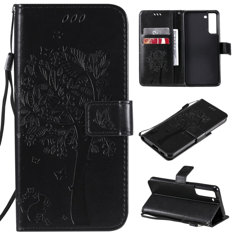 Tree & Cat Pattern Pressed Printing Horizontal Flip PU Leather Case with Holder & Card Slots & Wallet & Lanyard, For Samsung Galaxy A32 4G, For Samsung Galaxy S21 FE