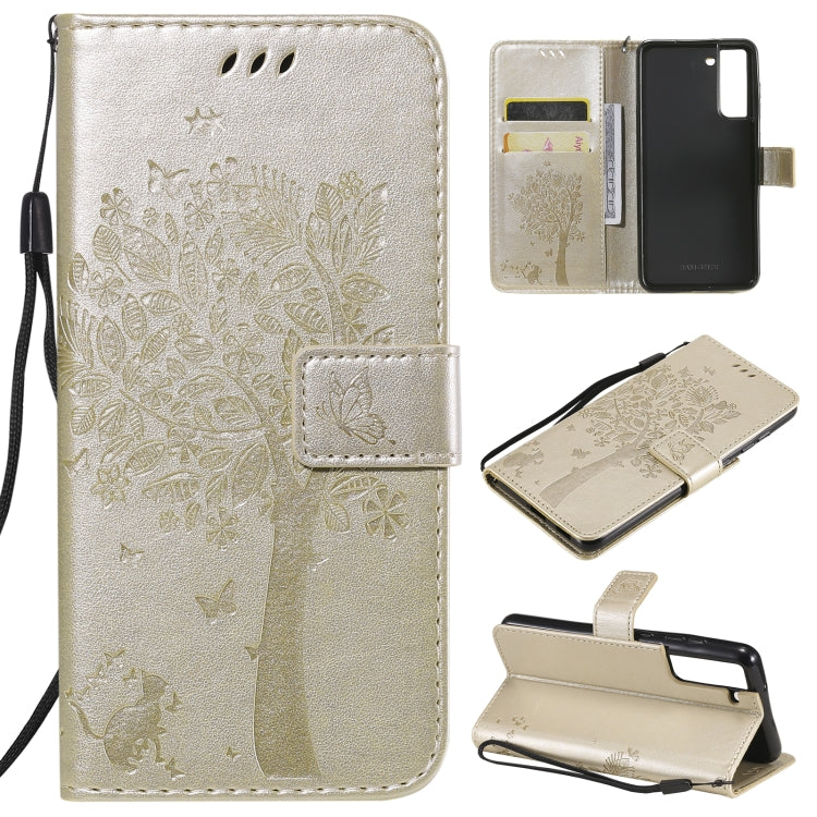 Tree & Cat Pattern Pressed Printing Horizontal Flip PU Leather Case with Holder & Card Slots & Wallet & Lanyard, For Samsung Galaxy A32 4G, For Samsung Galaxy S21 FE