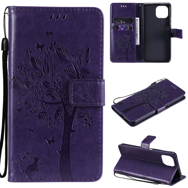 Tree & Cat Pattern Pressed Printing Horizontal Flip PU Leather Case with Holder & Card Slots & Wallet & Lanyard, For Xiaomi Mi 11 Lite 5G, For Xiaomi Mi 11 Pro