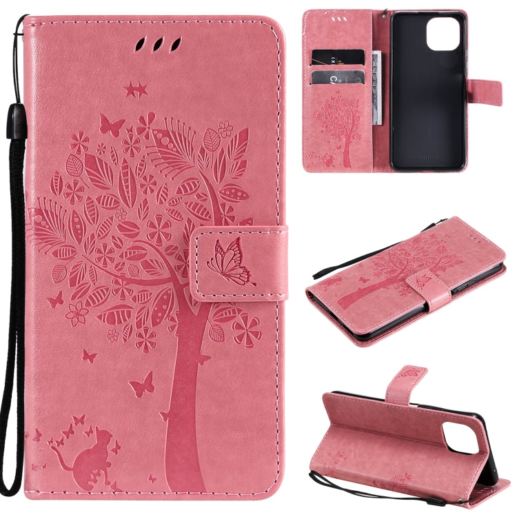 Tree & Cat Pattern Pressed Printing Horizontal Flip PU Leather Case with Holder & Card Slots & Wallet & Lanyard, For Xiaomi Mi 11 Lite 5G, For Xiaomi Mi 11 Pro