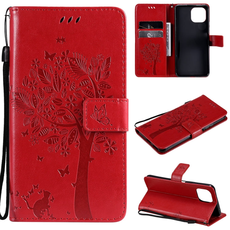 Tree & Cat Pattern Pressed Printing Horizontal Flip PU Leather Case with Holder & Card Slots & Wallet & Lanyard, For Xiaomi Mi 11 Lite 5G, For Xiaomi Mi 11 Pro