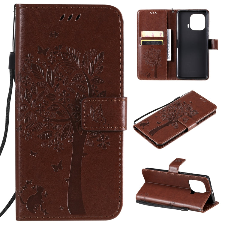 Tree & Cat Pattern Pressed Printing Horizontal Flip PU Leather Case with Holder & Card Slots & Wallet & Lanyard, For Xiaomi Mi 11 Lite 5G, For Xiaomi Mi 11 Pro