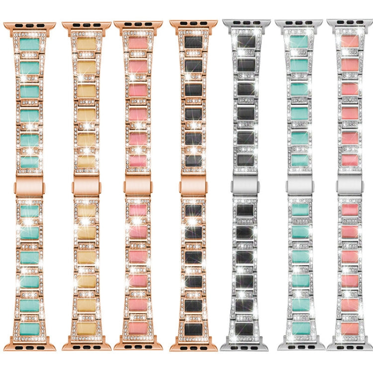 Three-beads Diamond + Gemstone Replacement Strap Watchband For Apple Watch Series, 7 41mm / 6 & SE & 5 & 4 40mm / 3 & 2 & 1 38mm, 7 45mm / 6 & SE & 5 & 4 44mm / 3 & 2 & 1 42mm