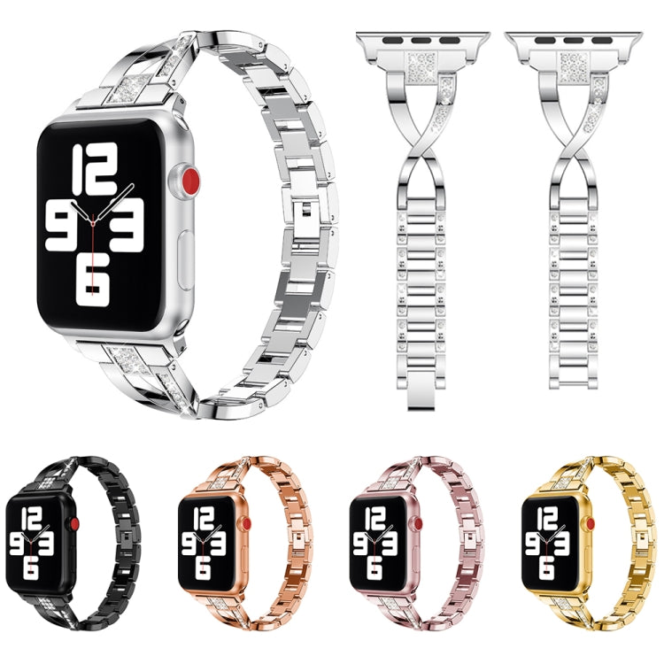 Diamond Encrusted Stainless Steel Strap Watchband For Apple Watch Series, 7 41mm / 6&amp;SE&amp;5&amp;4 40mm / 3&amp;2&amp;1 38mm, 7 45mm / 6&amp;SE&amp;5&amp;4 44mm / 3&amp;2&amp;1 42mm