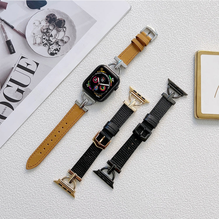 D-shaped Steel + Genuine Leather Strap For Apple Watch Series, 7 41mm / 6&amp;SE&amp;5&amp;4 40mm / 3&amp;2&amp;1 38mm, 7 45mm / 6&amp;SE&amp;5&amp;4 44mm / 3&amp;2&amp;1 42mm