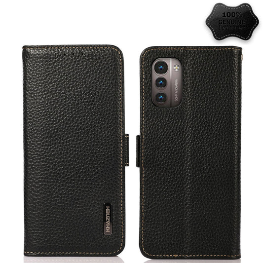 KHAZNEH Side-Magnetic Litchi Genuine Leather RFID Phone Case, For Nokia G21 / G11 4G, For OnePlus Nord CE 2 5G, For OPPO Realme 9 Pro+