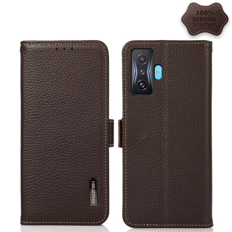 KHAZNEH Side-Magnetic Litchi Genuine Leather RFID Phone Case, For TCL 30 SE / 306 / 305, For TCL 30V 5G / 30 XE 5G, For Xiaomi Redmi K50 Gaming, For OPPO Realme C35