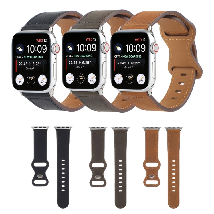 Crazy Horse Leather Butterfly Buckle Watchband For Apple Watch Series, 7 41mm / 6&amp;SE&amp;5&amp;4 40mm / 3&amp;2&amp;1 38mm, 7 45mm / 6&amp;SE&amp;5&amp;4 44mm / 3&amp;2&amp;1 42mm