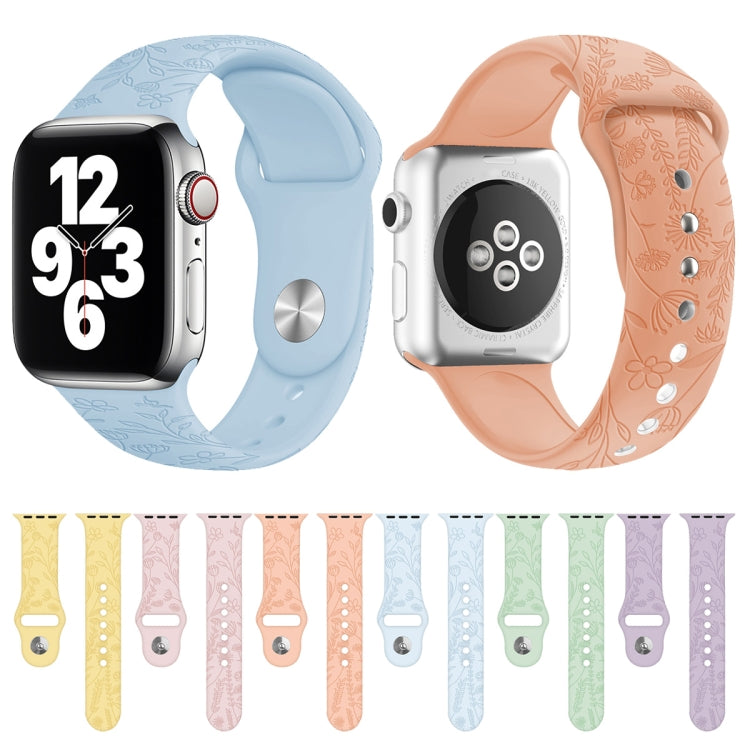 Butterflies Love Flower Embossing Silicone Watchband For Apple Watch Series, 7 41mm / 6&amp;SE&amp;5&amp;4 40mm / 3&amp;2&amp;1 38mm, 7 45mm / 6&amp;SE&amp;5&amp;4 44mm / 3&amp;2&amp;1 42mm