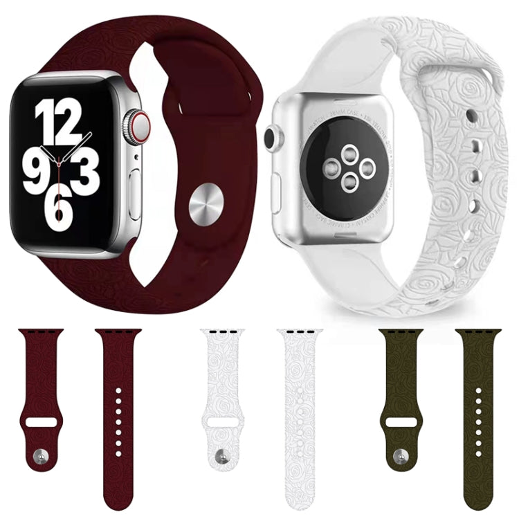 Rose Embossing Silicone Watchband For Apple Watch Series, 7 41mm / 6&amp;SE&amp;5&amp;4 40mm / 3&amp;2&amp;1 38mm, 7 45mm / 6&amp;SE&amp;5&amp;4 44mm / 3&amp;2&amp;1 42mm