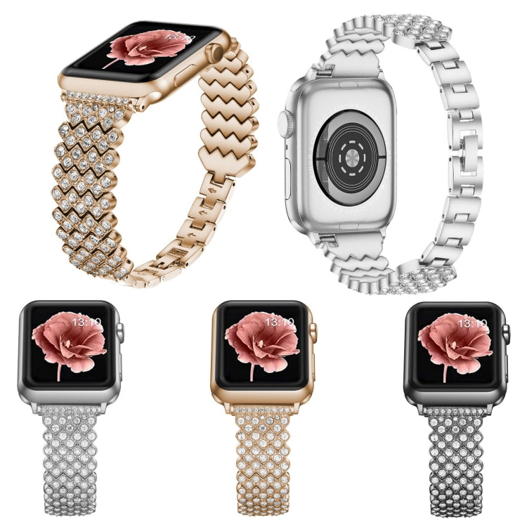 Heart Diamond Metal Watchband For Apple Watch Series, 7 41mm / 6&amp;SE&amp;5&amp;4 40mm / 3&amp;2&amp;1 38mm, 7 45mm / 6&amp;SE&amp;5&amp;4 44mm / 3&amp;2&amp;1 42mm