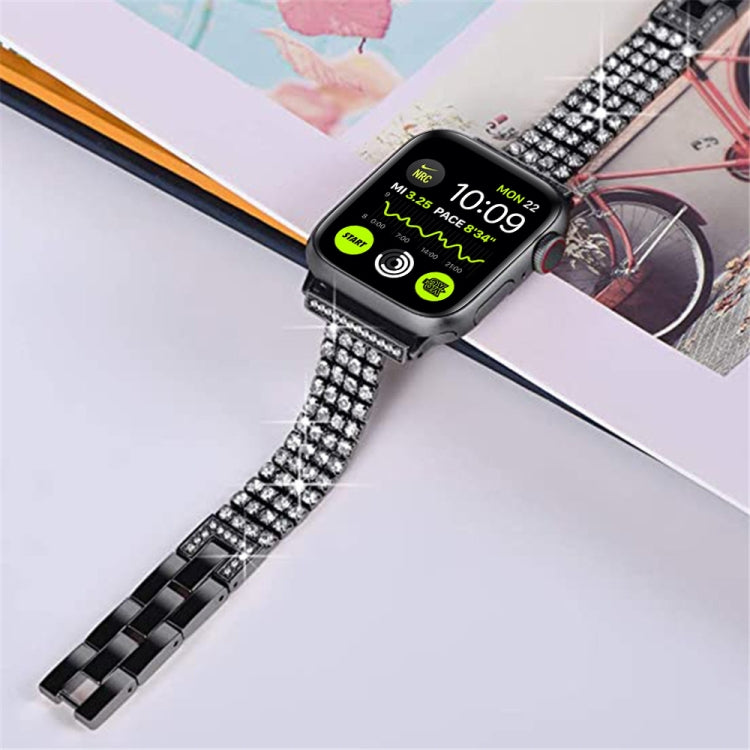 Four-row Diamond-set Metal Watchband For Apple Watch Series, 7 41mm / 6&amp;SE&amp;5&amp;4 40mm / 3&amp;2&amp;1 38mm, 7 45mm / 6&amp;SE&amp;5&amp;4 44mm / 3&amp;2&amp;1 42mm
