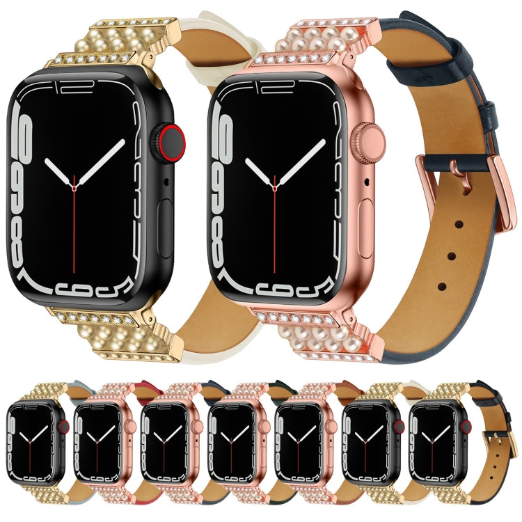 Pearl Diamond Leather Watch Band For Apple Watch Series, 7 41mm / 6&SE&5&4 40mm / 3&2&1 38mm, 7 45mm / 6&SE&5&4 44mm / 3&2&1 42mm