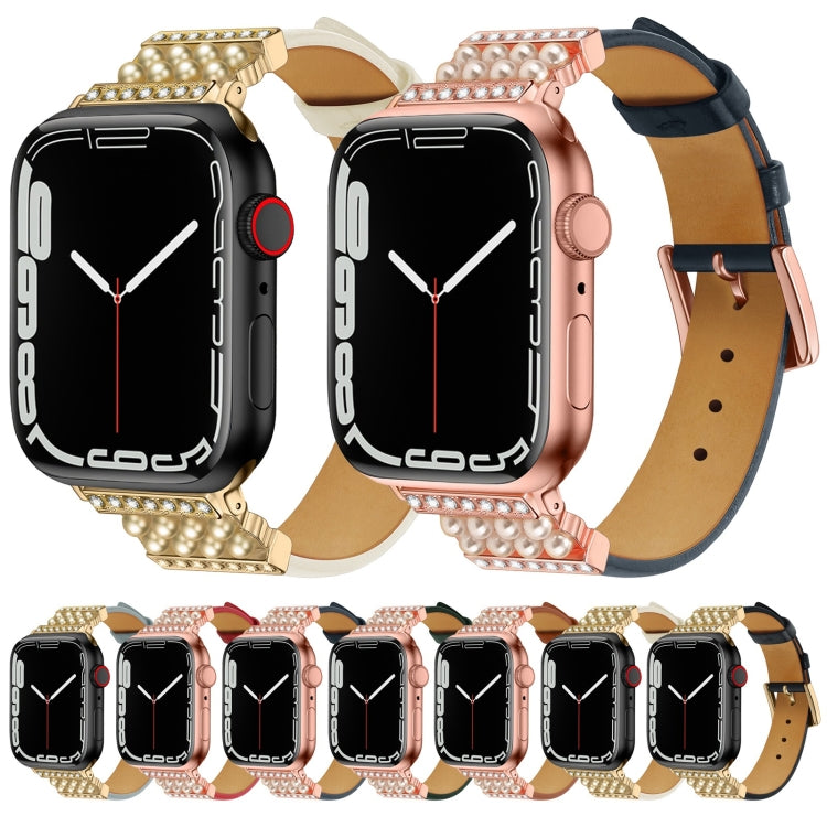 Pearl Diamond Leather Watch Band For Apple Watch Series, 7 41mm / 6&amp;SE&amp;5&amp;4 40mm / 3&amp;2&amp;1 38mm, 7 45mm / 6&amp;SE&amp;5&amp;4 44mm / 3&amp;2&amp;1 42mm
