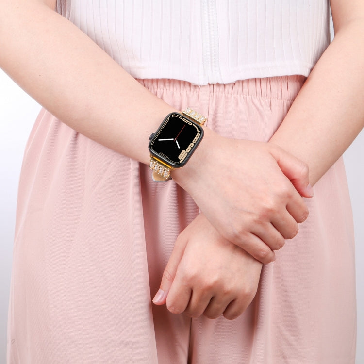 Pearl Diamond Leather Watch Band For Apple Watch Series, 7 41mm / 6&amp;SE&amp;5&amp;4 40mm / 3&amp;2&amp;1 38mm, 7 45mm / 6&amp;SE&amp;5&amp;4 44mm / 3&amp;2&amp;1 42mm