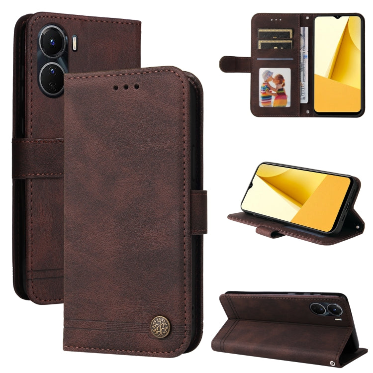 Skin Feel Life Tree Metal Button Leather Phone Case