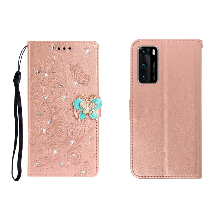 Horizontal Rhinestone Butterfly Embossed Leather Case with Card Slot & Wallet & Holder, For Huawei P40