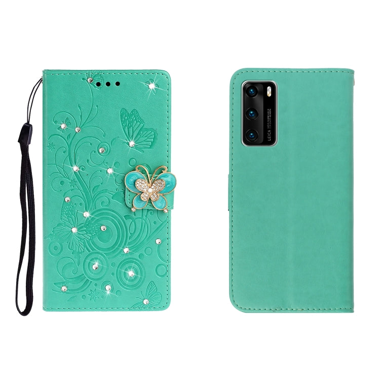 Horizontal Rhinestone Butterfly Embossed Leather Case with Card Slot & Wallet & Holder, For Huawei P40