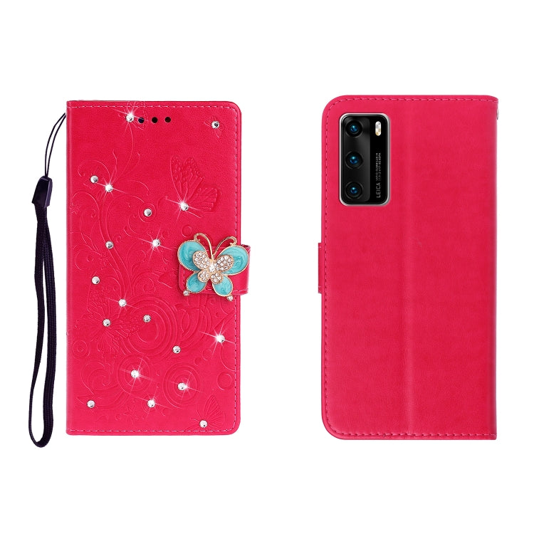 Horizontal Rhinestone Butterfly Embossed Leather Case with Card Slot & Wallet & Holder, For Huawei P40