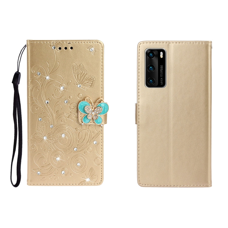 Horizontal Rhinestone Butterfly Embossed Leather Case with Card Slot & Wallet & Holder, For Huawei P40