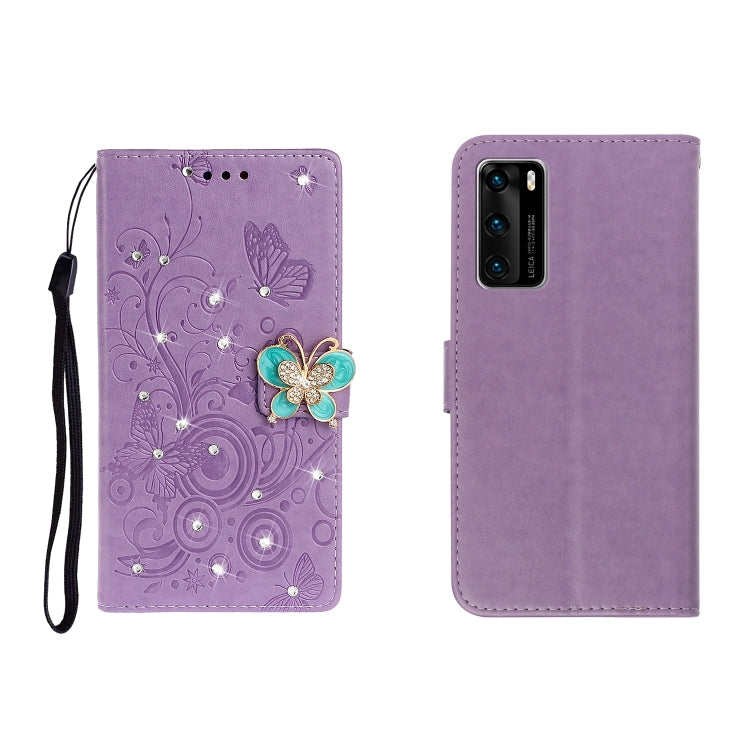 Horizontal Rhinestone Butterfly Embossed Leather Case with Card Slot & Wallet & Holder, For Huawei P40