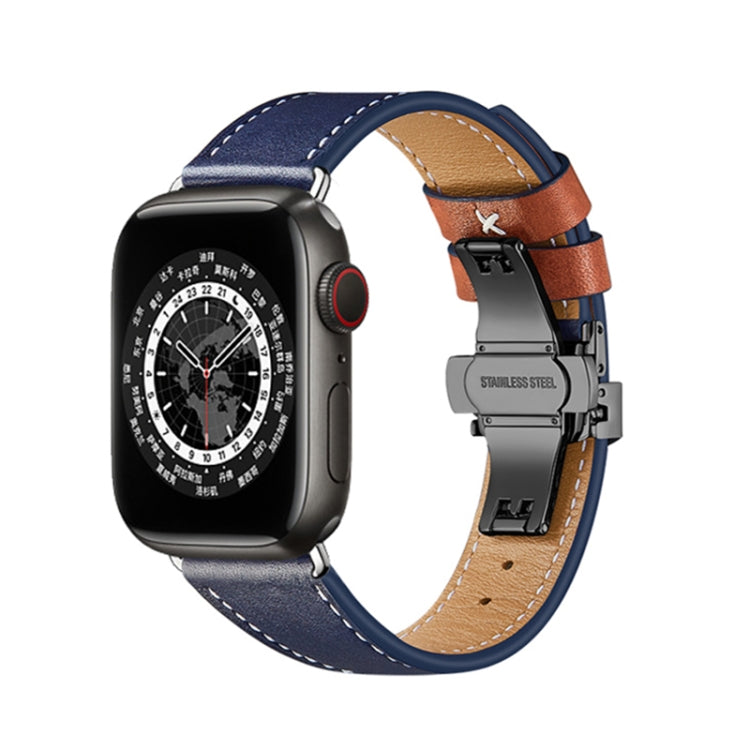 Butterfly Buckle Genuine Leather Watch Band, For Apple Watch Ultra 49mm / Series 8&amp;7 45mm / SE 2&amp;6&amp;SE&amp;5&amp;4 44mm / 3&amp;2&amp;1 42mm