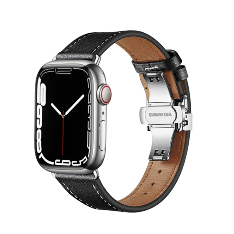 Butterfly Buckle Genuine Leather Watch Band, For Apple Watch Ultra 49mm / Series 8&amp;7 45mm / SE 2&amp;6&amp;SE&amp;5&amp;4 44mm / 3&amp;2&amp;1 42mm