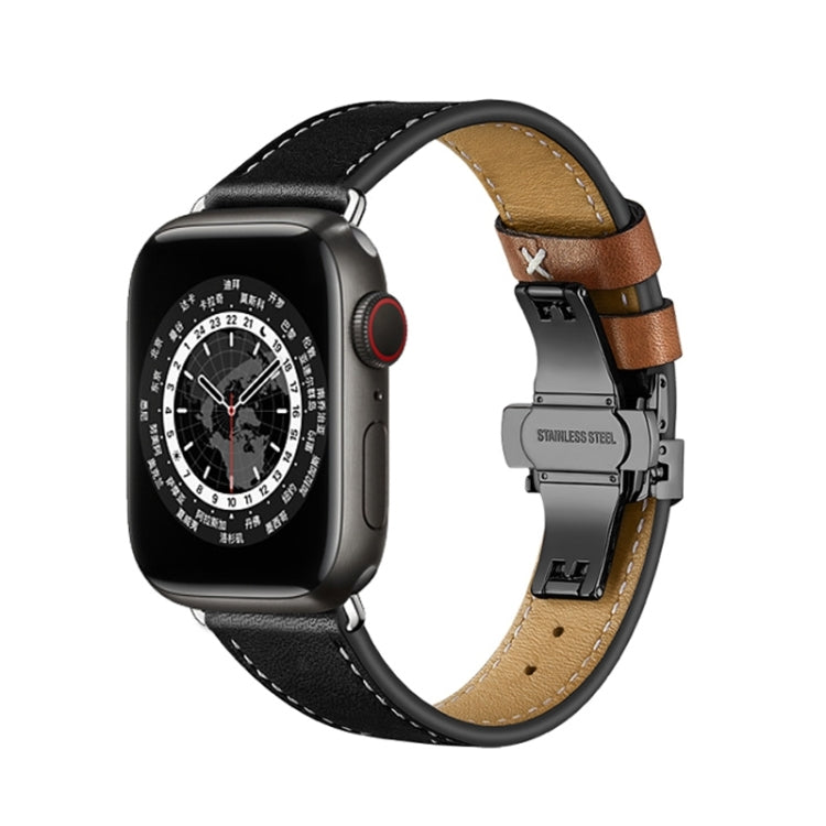 Butterfly Buckle Genuine Leather Watch Band, For Apple Watch Series 8&7 41mm / SE 2&6&SE&5&4 40mm / 3&2&1 38mm