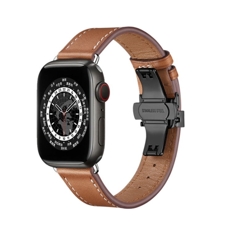 Butterfly Buckle Genuine Leather Watch Band, For Apple Watch Series 8&7 41mm / SE 2&6&SE&5&4 40mm / 3&2&1 38mm