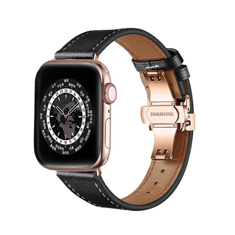 Butterfly Buckle Genuine Leather Watch Band, For Apple Watch Series 8&7 41mm / SE 2&6&SE&5&4 40mm / 3&2&1 38mm