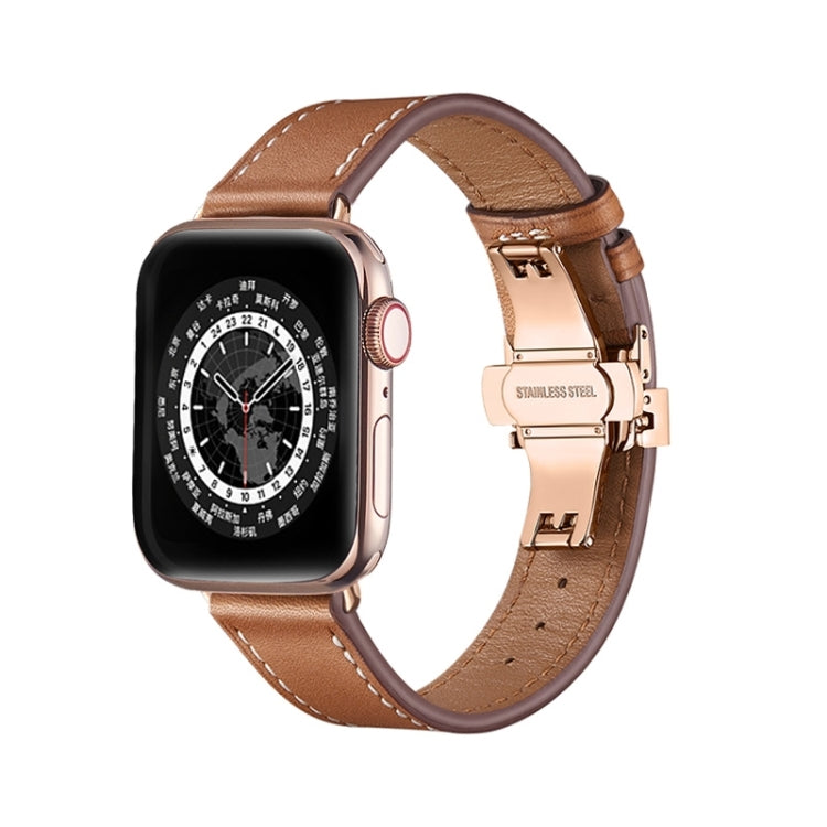 Butterfly Buckle Genuine Leather Watch Band, For Apple Watch Series 8&7 41mm / SE 2&6&SE&5&4 40mm / 3&2&1 38mm