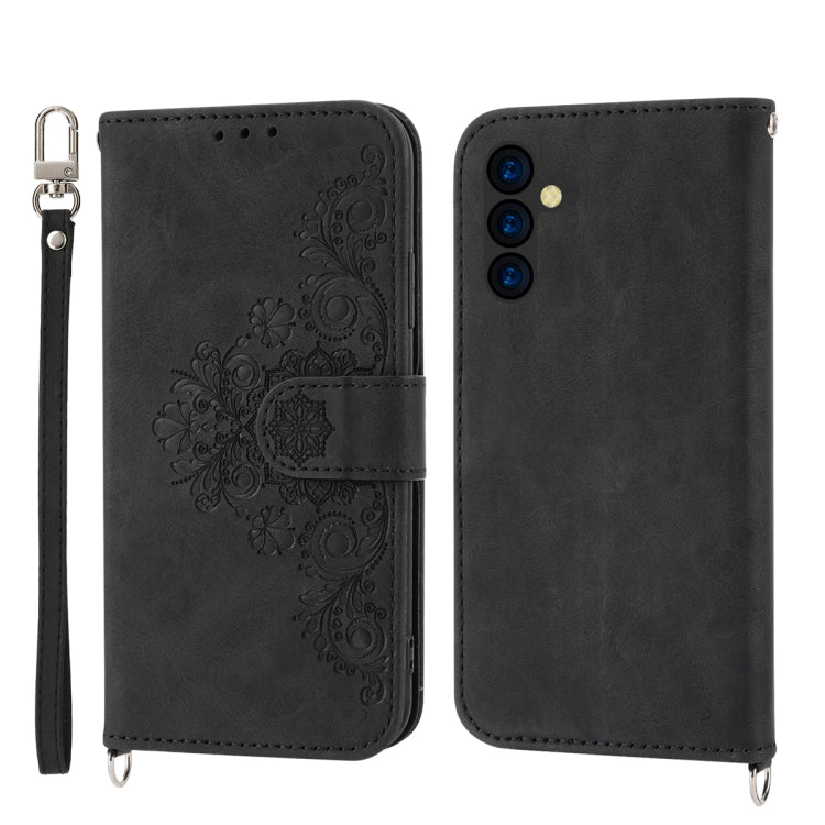 Skin-feel Flowers Embossed Wallet Leather Phone Case