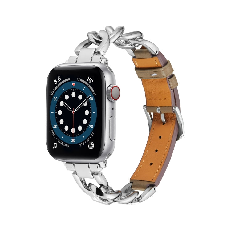 Chain + Leather Watch Band, For Apple Watch Ultra 49mm / Series 8&amp;7 45mm / SE 2&amp;6&amp;SE&amp;5&amp;4 44mm / 3&amp;2&amp;1 42mm, For Apple Watch Series 8&amp;7 41mm / SE 2&amp;6&amp;SE&amp;5&amp;4 40mm / 3&amp;2&amp;1 38mm