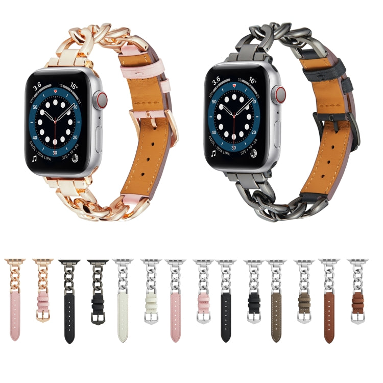 Chain + Leather Watch Band, For Apple Watch Ultra 49mm / Series 8&amp;7 45mm / SE 2&amp;6&amp;SE&amp;5&amp;4 44mm / 3&amp;2&amp;1 42mm, For Apple Watch Series 8&amp;7 41mm / SE 2&amp;6&amp;SE&amp;5&amp;4 40mm / 3&amp;2&amp;1 38mm
