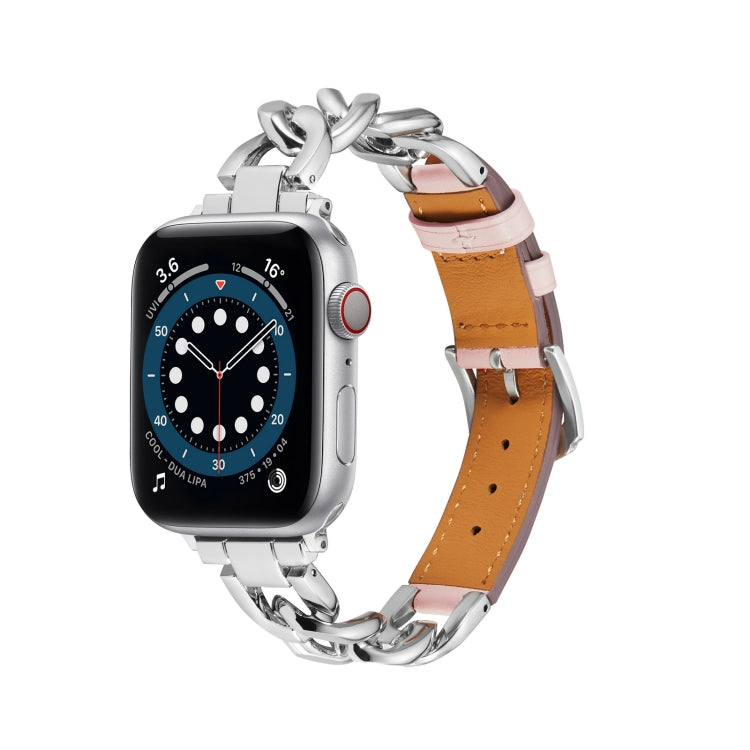 Chain + Leather Watch Band, For Apple Watch Ultra 49mm / Series 8&amp;7 45mm / SE 2&amp;6&amp;SE&amp;5&amp;4 44mm / 3&amp;2&amp;1 42mm, For Apple Watch Series 8&amp;7 41mm / SE 2&amp;6&amp;SE&amp;5&amp;4 40mm / 3&amp;2&amp;1 38mm