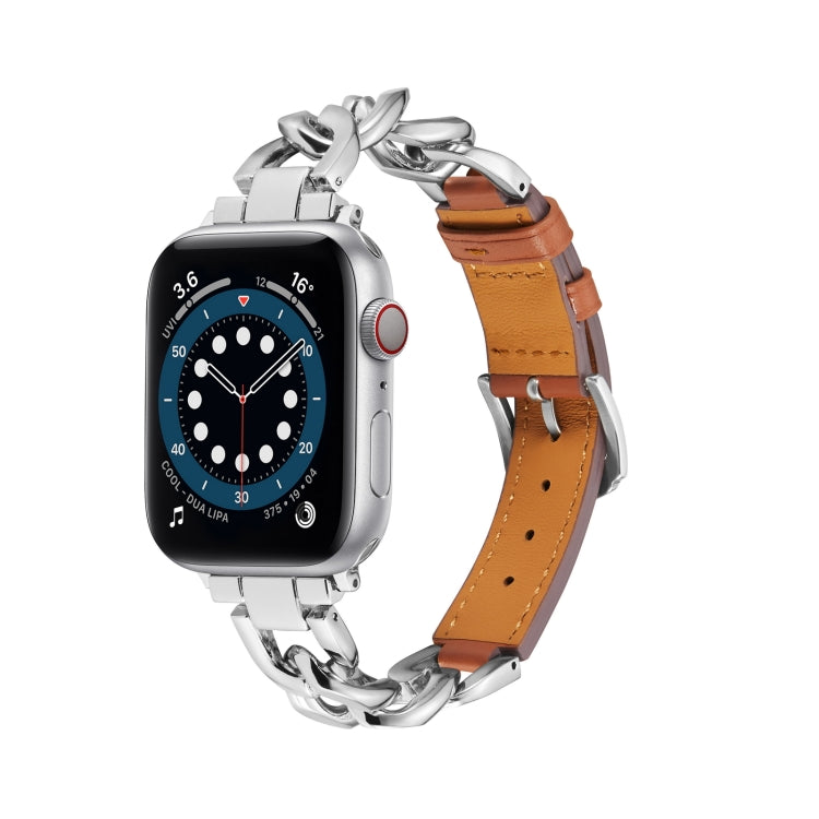 Chain + Leather Watch Band, For Apple Watch Ultra 49mm / Series 8&amp;7 45mm / SE 2&amp;6&amp;SE&amp;5&amp;4 44mm / 3&amp;2&amp;1 42mm, For Apple Watch Series 8&amp;7 41mm / SE 2&amp;6&amp;SE&amp;5&amp;4 40mm / 3&amp;2&amp;1 38mm