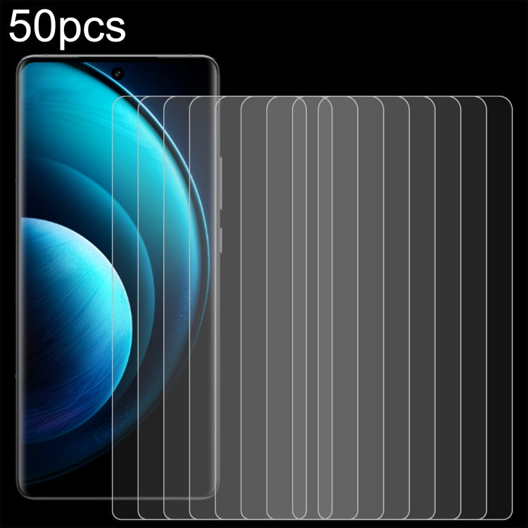 50pcs 0.26mm 9H 2.5D Tempered Glass Film, For vivo Y29 5G, For vivo Y18t / Y18i, For vivo Y18e / Y18 / Y28 4G / Y19s, For vivo Y100 / V40 Lite 5G / 4G IDN, For vivo Y200 GT / iQOO Z9 Turbo+, For vivo iQOO Z9 Lite / Y03t / Y37 Pro