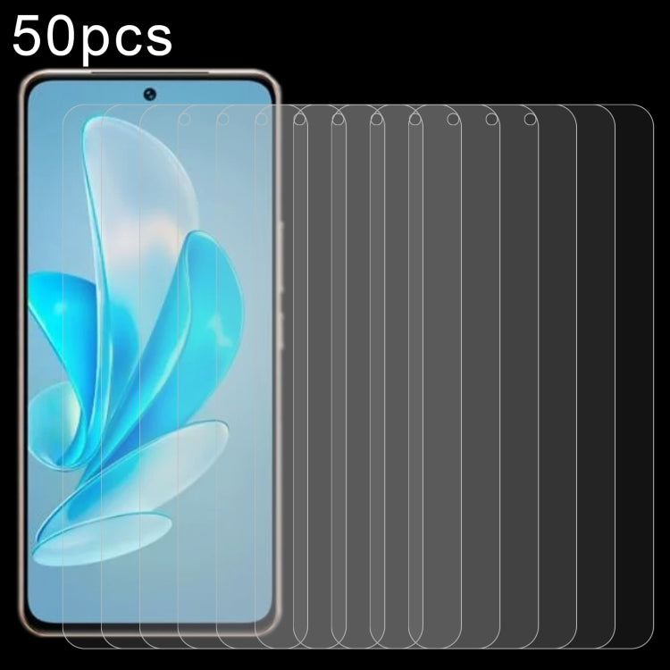 50pcs 0.26mm 9H 2.5D Tempered Glass Film, For vivo Y29 5G, For vivo Y18t / Y18i, For vivo Y18e / Y18 / Y28 4G / Y19s, For vivo Y100 / V40 Lite 5G / 4G IDN, For vivo Y200 GT / iQOO Z9 Turbo+, For vivo iQOO Z9 Lite / Y03t / Y37 Pro