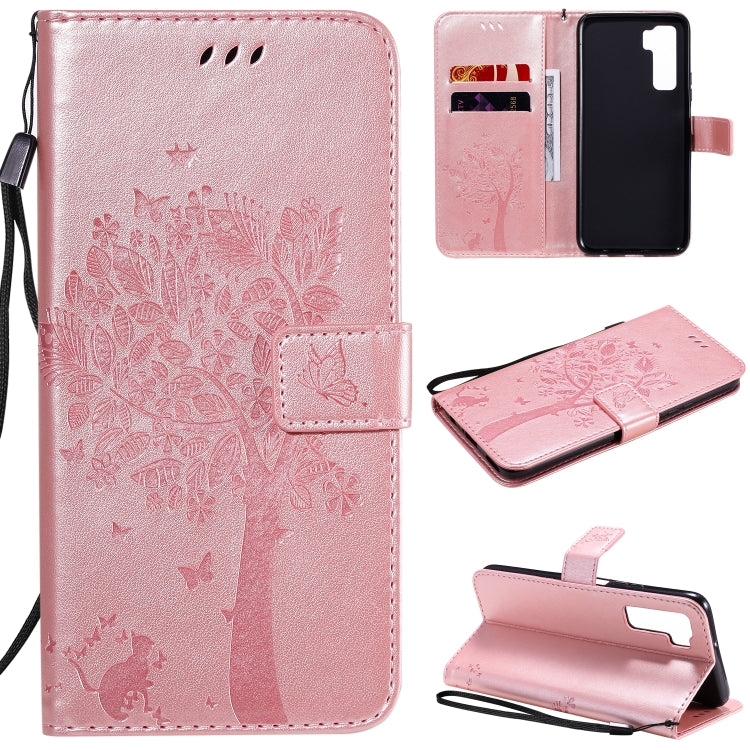 Tree & Cat Embossed Pattern Horizontal Flip Leather Case with Holder & Card Slots & Wallet & Lanyard, For Huawei Nova 7 SE, For Huawei Nova 7