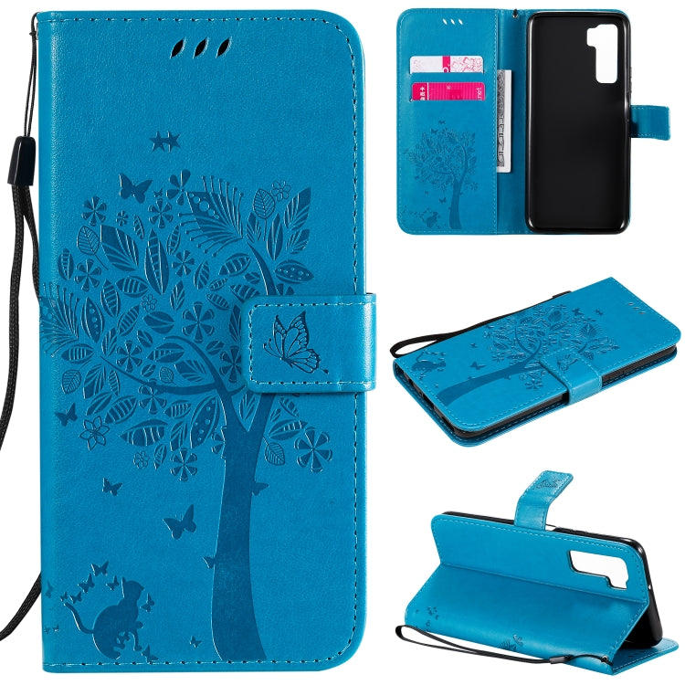 Tree & Cat Embossed Pattern Horizontal Flip Leather Case with Holder & Card Slots & Wallet & Lanyard, For Huawei Nova 7 SE, For Huawei Nova 7