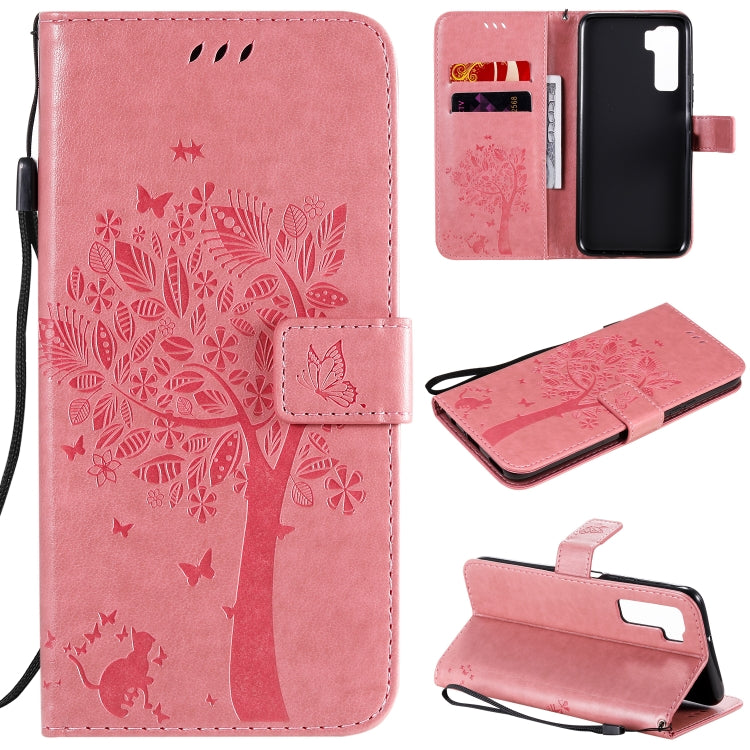 Tree & Cat Embossed Pattern Horizontal Flip Leather Case with Holder & Card Slots & Wallet & Lanyard, For Huawei Nova 7 SE, For Huawei Nova 7