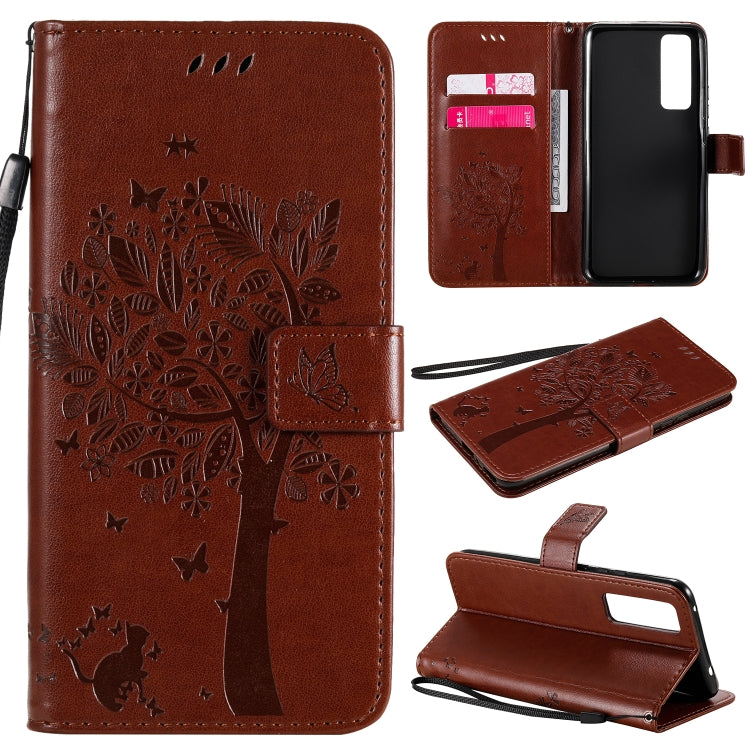 Tree & Cat Embossed Pattern Horizontal Flip Leather Case with Holder & Card Slots & Wallet & Lanyard, For Huawei Nova 7 SE, For Huawei Nova 7