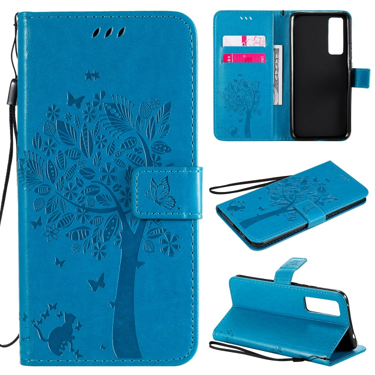 Tree & Cat Embossed Pattern Horizontal Flip Leather Case with Holder & Card Slots & Wallet & Lanyard, For Huawei Nova 7 SE, For Huawei Nova 7