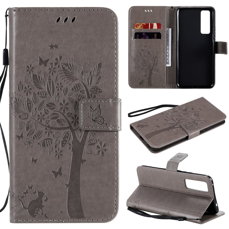 Tree & Cat Embossed Pattern Horizontal Flip Leather Case with Holder & Card Slots & Wallet & Lanyard, For Huawei Nova 7 SE, For Huawei Nova 7