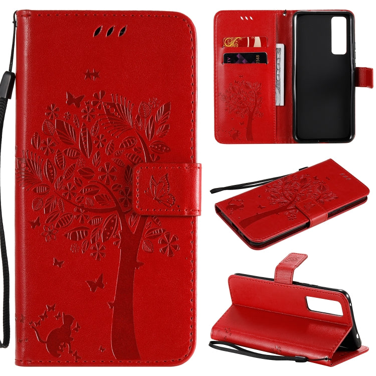 Tree & Cat Embossed Pattern Horizontal Flip Leather Case with Holder & Card Slots & Wallet & Lanyard, For Huawei Nova 7, For Huawei P40 Lite E