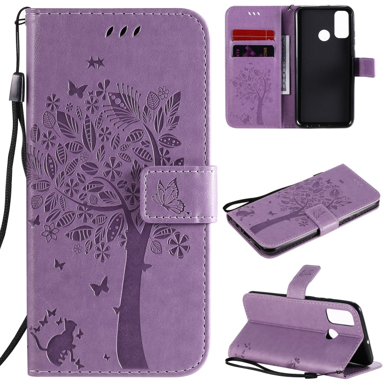 Tree & Cat Embossed Pattern Horizontal Flip Leather Case with Holder & Card Slots & Wallet & Lanyard, For Huawei P40 Lite E, For Huawei P Smart 2020