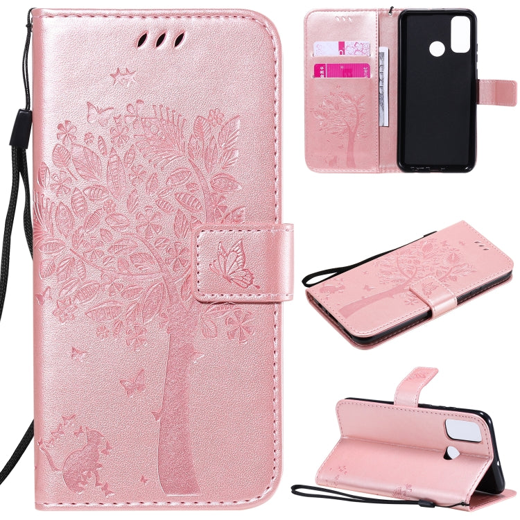 Tree & Cat Embossed Pattern Horizontal Flip Leather Case with Holder & Card Slots & Wallet & Lanyard, For Huawei P40 Lite E, For Huawei P Smart 2020