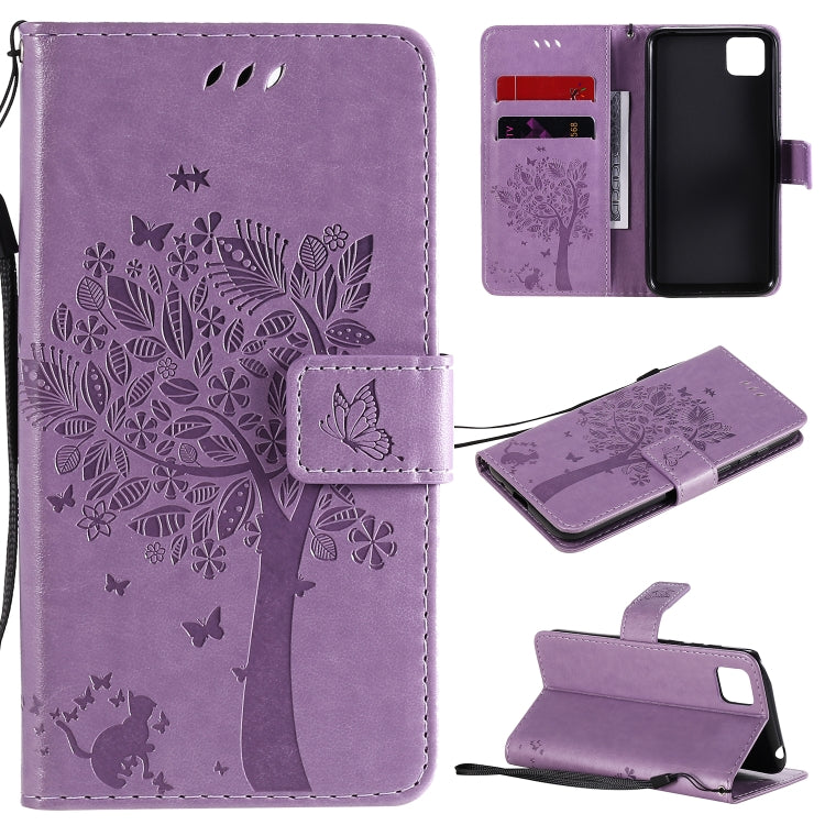 Tree & Cat Embossed Pattern Horizontal Flip Leather Case with Holder & Card Slots & Wallet & Lanyard, For Huawei Y5p, For Huawei Y6p