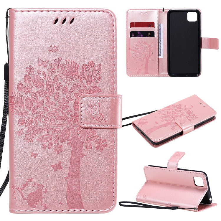 Tree & Cat Embossed Pattern Horizontal Flip Leather Case with Holder & Card Slots & Wallet & Lanyard, For Huawei Y5p, For Huawei Y6p
